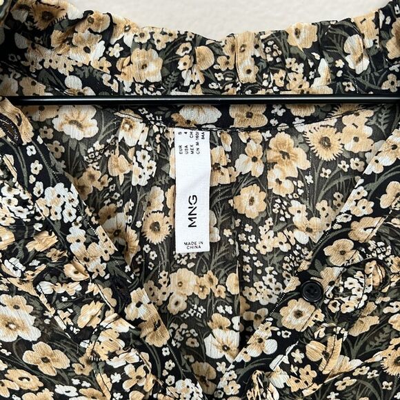 Mango MNG Sheer Floral Print Blouse Black and Cream Women's Top Size 4 - Picture 6 of 11